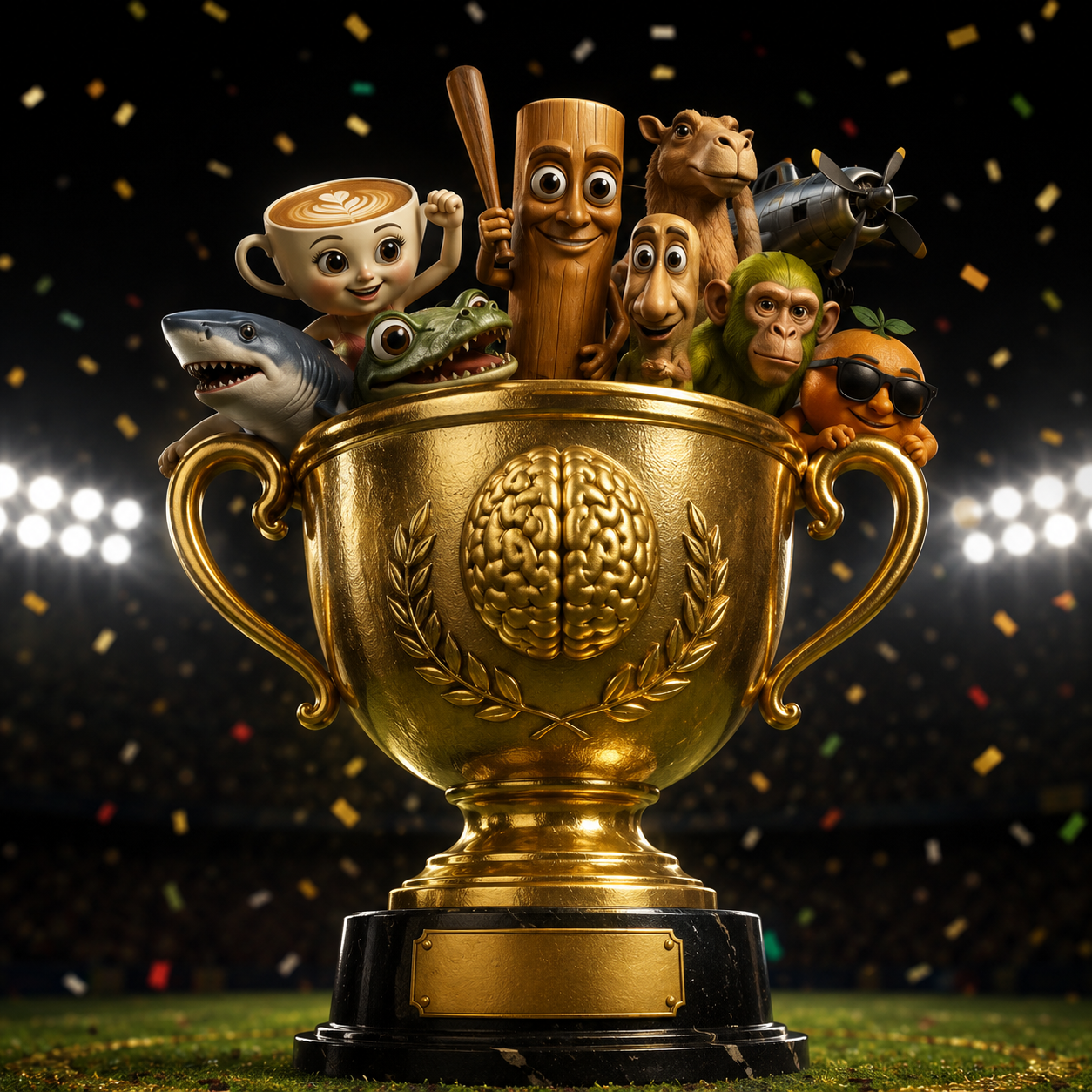 Brainrot Cup Trophy with cartoon characters